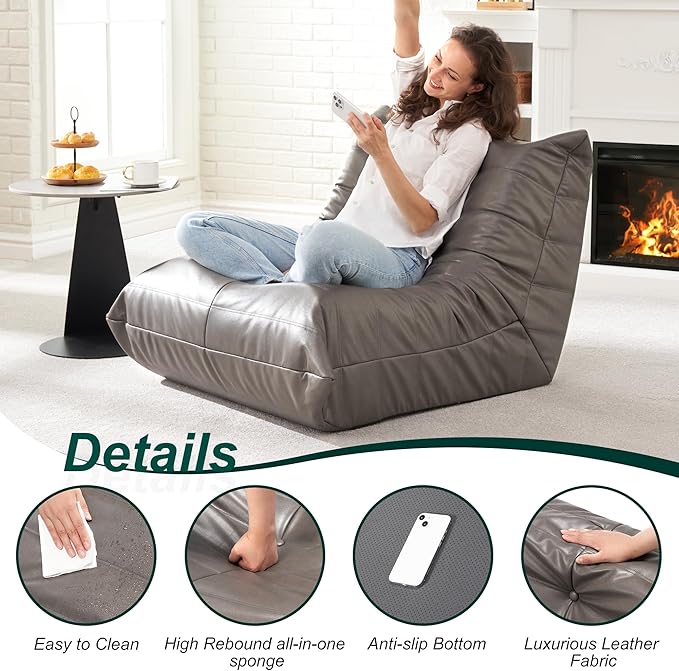 Hobestluk Giant Bean Bag Chair Lazy Floor Sofa, Memory Foam Fireside Sofa for Adults, Big Beanbag Faux Leather Armless Chair for Living Room Bedroom Dorm Office (Grey, Single)