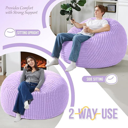 Homguava 4 FT Bean Bag Chair,4' Big Bean Bag,Large Bean Bag Chairs for Adults with Memory Foam Filled,Comfy Beanbag Chairs Soft Bean Bag Sofa with Dutch Corded Plush Cover-Purple