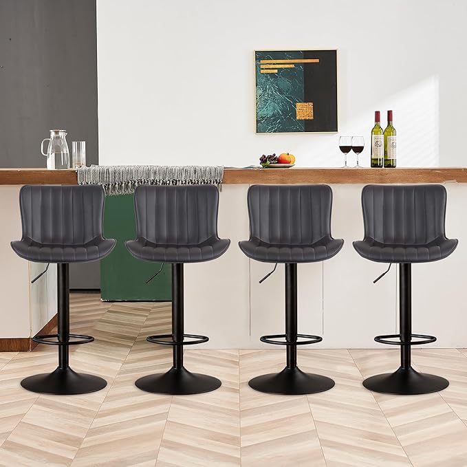YOUNIKE Brown Bar Stools Set of 4 Modern Swivel Counter Height Bar Chair with Back Adjustable Kitchen Island Faux Leather Padded Barstools taburetes de bar Breakfast sillas para barra de cocina 4PCS