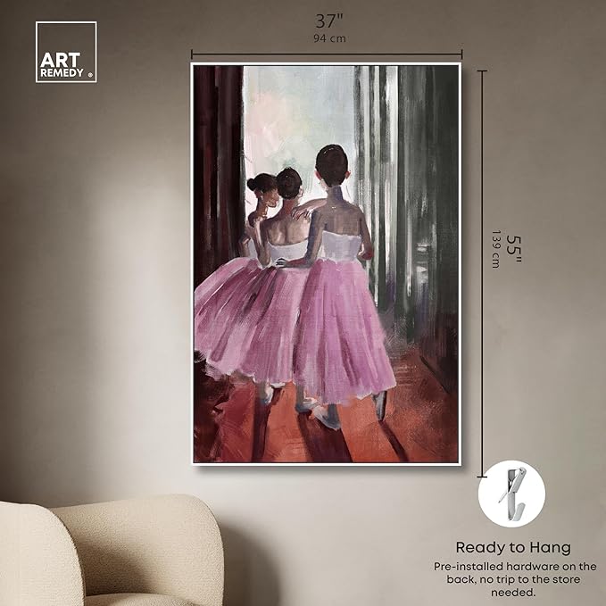 Art Remedy Little Girls Ballerinas Canvas Classic Vintage Wall Art, White Frame, 36" x 54"