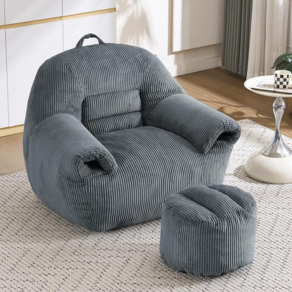 DAICO Bean Bag Chairs for Adults Beanbag Sofa with Ottoman Comfy Accent Chair with Armrests Corduroy Couch with Foam Single Lazy Sofas for Living Room Reading Bedroom Gaming Office Dark Gray