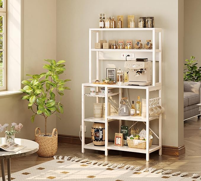 SUPERJARE Bakers Rack with Power Outlet, 35.4 Inches Coffee Bar with Wire Basket, Kitchen Microwave Stand with 6 S-Shaped Hooks, Open Storage Shelves, White