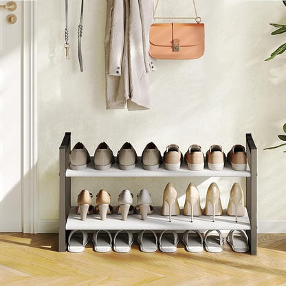 2-Tier Shoe Rack for Closet & Entryway, Stackable Shoe Organizer, Screw-Fastened Metal Frame for Less Wobble, Heel-Friendly Non-Woven Shelves, 11.8" Deep Space-Saving Shoe Storage (Black)