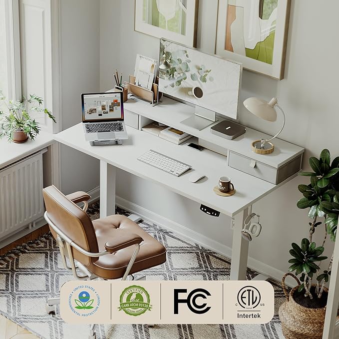 Agilestic 48 x 23 Inches Electric Standing Desk with 2 Storage Drawers, Adjustable Height Sit and Stand Computer Table with Splice Board, White