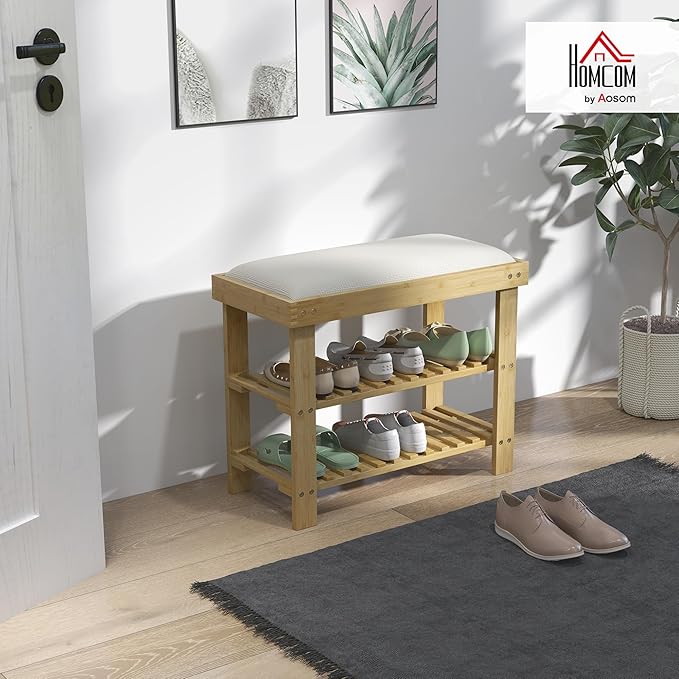HOMCOM Bamboo Shoe Bench, 3-Tier Entryway Bench with Storage and Cushion, Shoe Organizer for Entryway, Hallway, Holds Up to 331 lbs, 23.6 x 11.4 x 19.3 Inches, Cream White