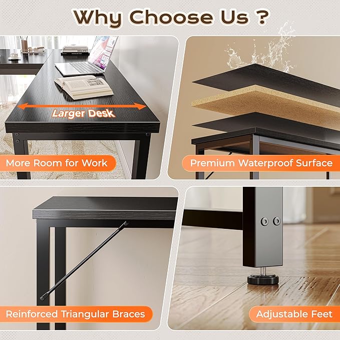 Huuger 63 Inch L Shaped Desk with Power Outlets and USB-C Port, Reversible Computer Desk, Larger Office Corner Gaming Desk, 0.95 Inch Thicker Desktop, Metal Frame, for Home Office, Study, Black