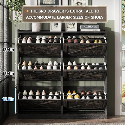Maupvit Large Shoe Storage Cabinet with 6 Flip Drawers, Freestanding Shoe Organizer with Metal Handles for Entryway, Narrow Shoe Rack Cabinet, Dark Rustic Oak