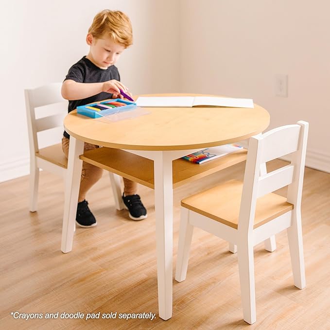 Melissa & Doug Wooden Round Table and 2 Chairs Set – Kids Furniture for Playroom, Light Woodgrain and White 2-Tone Finish Two-Tone Round Wooden Toddler And Kids Table And Chairs Activity Furniture Set