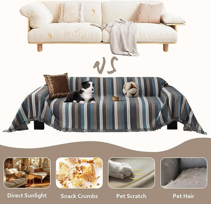 STACYPIK Boho Jacquard Leaves Sofa Cover, Blue Geometric Couch Cover for Dog, Washable Furniture Protector for 3 Cushion Couch, Non Slip Sectional Cover for Loveseat, L Shape Sofa Slipcovers-71X150IN