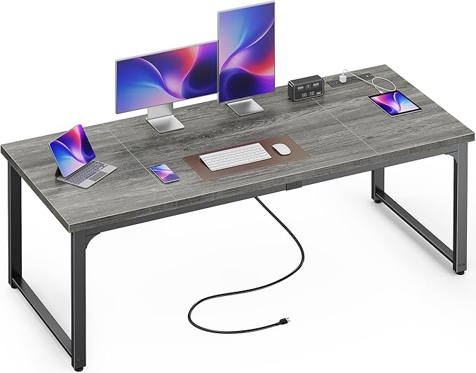 Huuger 63 x 24 inch Desk with Power Outlets & USB-C, Deeper & Thicker Desktop, Robust Metal Tubes, Computer Desk, Heavy Duty Office Desk, Work Gaming Desk, for Home Office, Grey