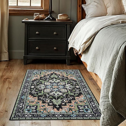 Lofus 3x5 Area Rugs for Living Room, Machine Washable Area Rug, Soft Small Rugs for Bedroom, Kitchen, Office and Indoor, Vintage Boho Carpet, Non-Slip Low Pile Carpets, Dark Green