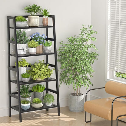 Homykic Bamboo Bookshelf 4-Tier Ladder Shelf, 49.2” Freestanding Open Bookcase Book Shelf Bathroom Storage Shelf Unit Plant Stand for Small Space, Living Room, Bedroom, Home Office, Black