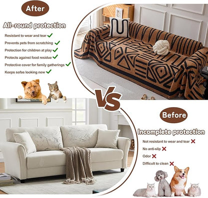 HANDONTIME Boho Geometric Couch Covers for Sofa Pet Friendly Brown and Black Sofa Covers Washable Chenille Couch Blanket Cover for 2 3 Cushion Couches Pet Protector Furniture Cover Soft, 71" X 118"