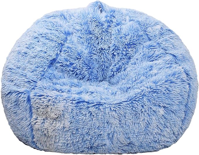 Fluffy Bean Bag Chair for Kids, 2.5FT Round Memory Foam Filled Bean Bag for Teens & Kids, Ultra Soft Faux Fur Fabric Bean Bag Chairs for Playroom, Living Room, Bedroom, Blue