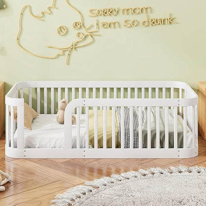 Bellemave Twin Floor Bed with High Fence and Rounded Corner Design, Wood Montessori Floor Bed with Guardrail and Entrance, Easy Assemble Montessori Bed Twin Size, White