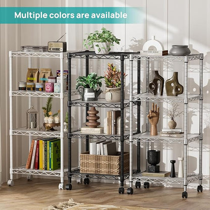 SINGAYE 4 Small Shelves Storage Shelf Wire Shelving Unit Metal Shelf Adjustable Organizers Storage Shelving with Wheels for Bathroom Laundry Room Kitchen Pantry11.5”D x 17.3”W x 44.5”H Black