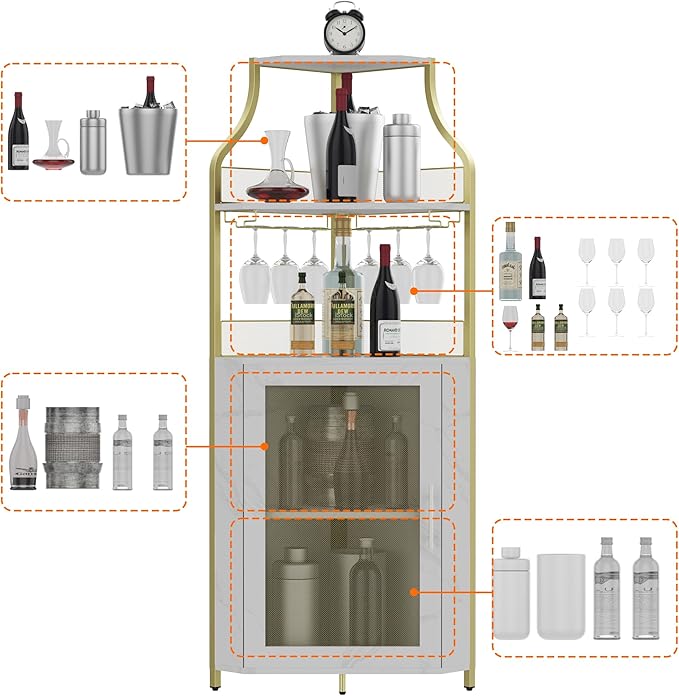 GarveeHome Corner Wine Cabinet with Detachable Wine Rack, 5-Tier Industrial Corner Bar Cabinet with Barn Door and Glass Holder, Farmhouse Buffet Cabinet and Home Bar, Gold