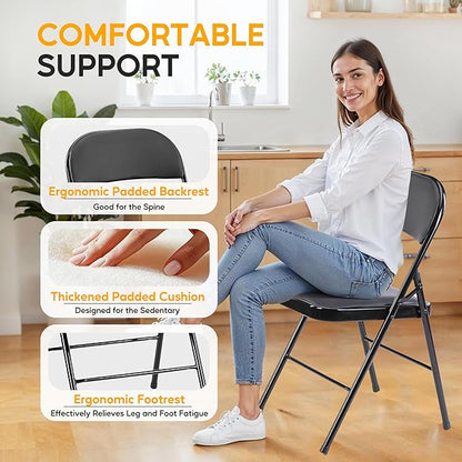 HealSmart Folding Chairs 4 Pcs with Leather Padded Cushion Seats, Back & Sturdy Metal Frame, Stackable, Portable, Commercial Event Seat, Indoor Outdoor for Parties, Home Event, Office, Black