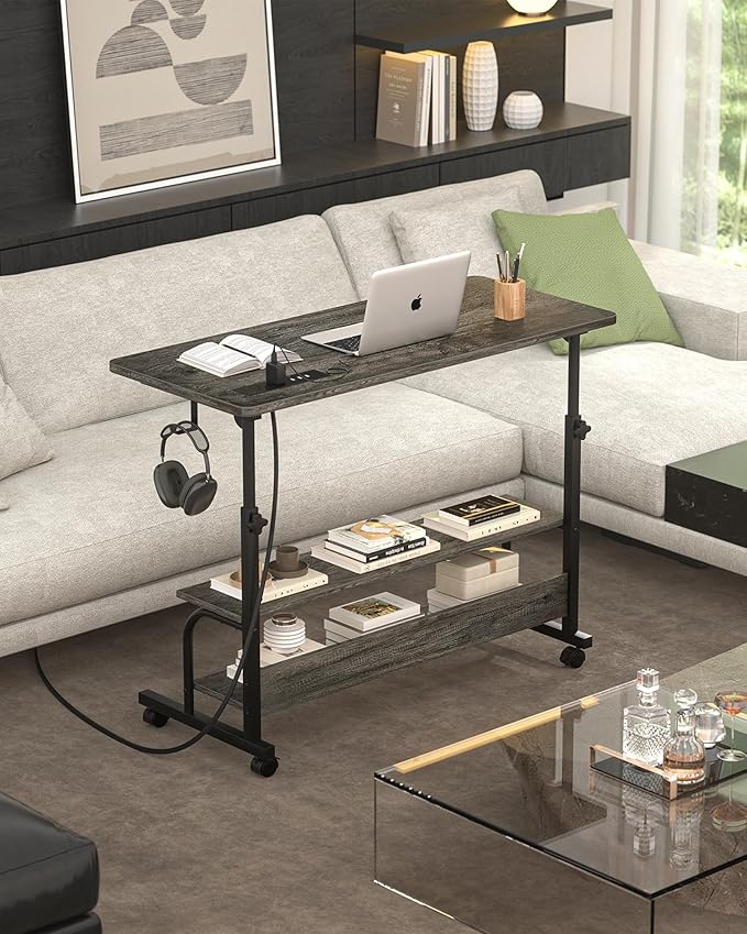 Height Adjustable Standing Desk with Power Outlets, 32" Manual Stand Up Desk with Storage Shelves Small Mobile Rolling Computer Desk Portable Laptop Table with Wheels for Home Office, Grey Oak