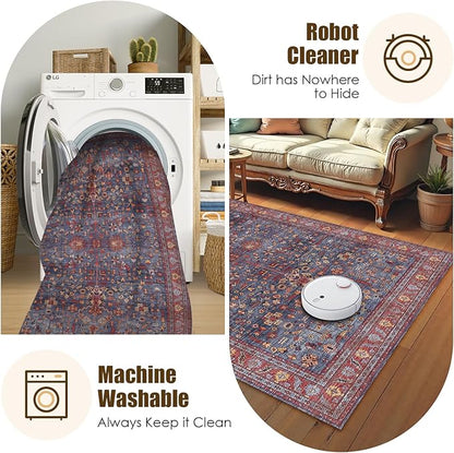 Washable Area Rug 9' x 12' Vintage Traditional Persian Mat - Foldable Distressed Non-Slip Machine Washable Carpet for Living Room Bedroom Kitchen Home Decor - Indigo and Crimson