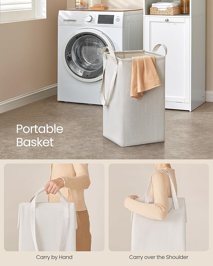 VASAGLE Tall Storage Cabinet, Storage Unit with Removable Laundry Basket, Compartment and Cabinet, for Bathroom, Living Room, 15.8 x 15.8 x 66.9 Inches, Cloud White UBBC761W01