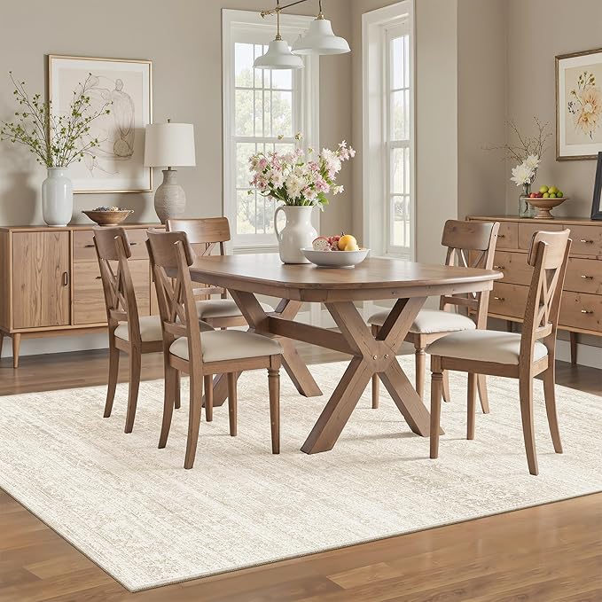 5x7 Area Rugs for Living Room, Washable Non-Slip Low Pile Natural Vintage Floral Rug Soft Throw Carpet for Dining Room Bedroom Home Office Nursery (Beige/Cream, 5'x7')