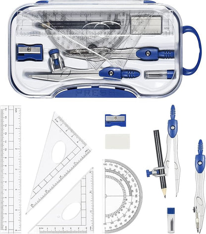 10 Pieces Math Geometry Kit Set Student Supplies with Shatterproof Storage Box,Includes Rulers,Protractor,Compass,Eraser,Pencil Sharpener,Lead Refills,Pencil,for School and Drawings（Navy Blue）