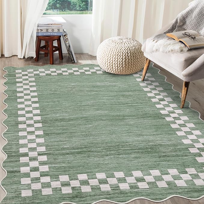 GarveeHome 10x13 Area Rug Large Living Room Scalloped Rug Non Slip Low Pile Bedroom Throw Carpet Soft Modern Bordered Dining Room Rug Stain Resistant Boho Carpet for Home Office, Green