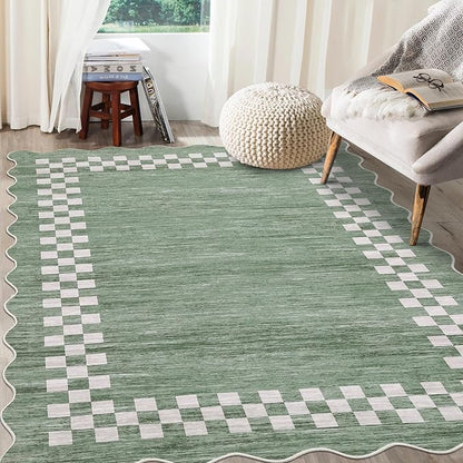GarveeHome 10x13 Area Rug Large Living Room Scalloped Rug Non Slip Low Pile Bedroom Throw Carpet Soft Modern Bordered Dining Room Rug Stain Resistant Boho Carpet for Home Office, Green