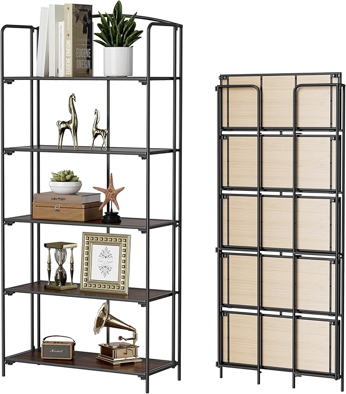 Crofy No Assembly Folding Bookshelf for Living Room, 5 Tier Black Collapsible Book Shelf for Home Office, Portable Bookcase Storage Organizer