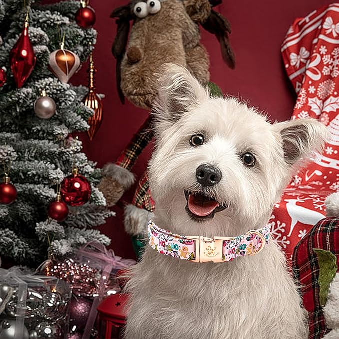 Elegant little tail Christmas Dog Collar, Pink Gingerbread Man Print Pet Collar Dog Durable Cute Dog Collars Winter Holiday Male or Female Pet Gift Adjustable Dog Collar for Small Puppy