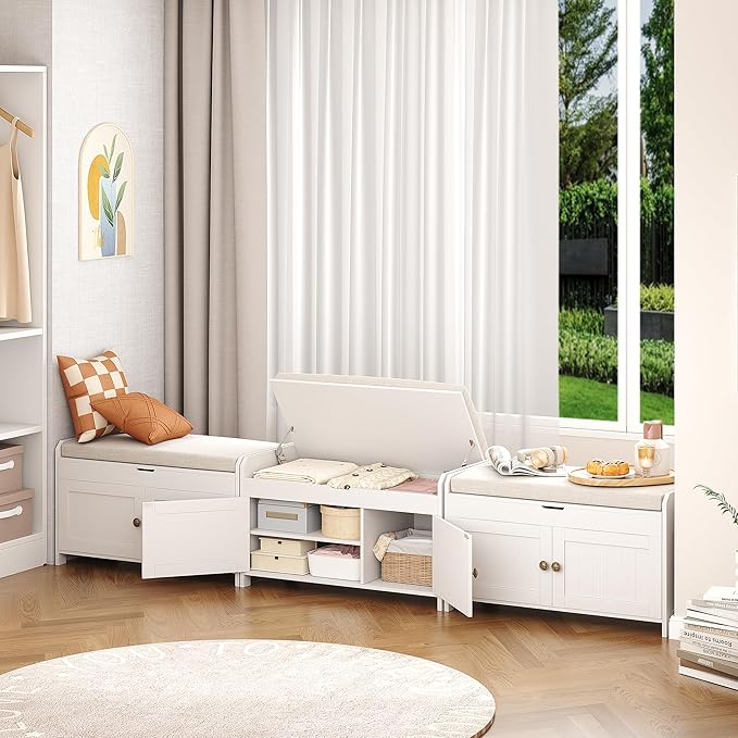 HOMEFORT 30" Shoe Bench with Lift Top Storage, Entryway Bench with Cushioned Seat, Wooden End of Bed Bench, Shoe Cabinet Bench with Hidden Storage Space, for Bedroom, Hallway,White