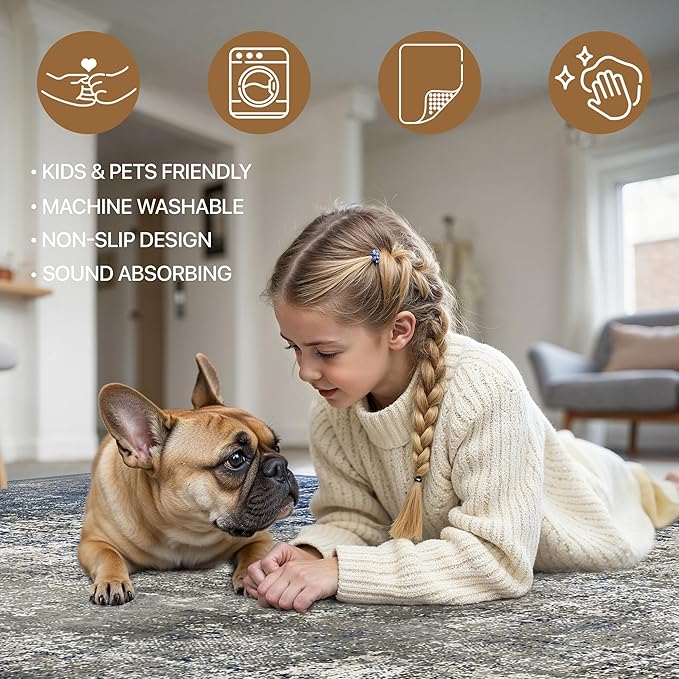 Area Rugs 9x12 for Living Room Bedroom, Modern Abstract Machine Washable Rug, Large Soft Low Pile Floor Carpet with Non Slip Backing for Dining Room, Blue&Gray