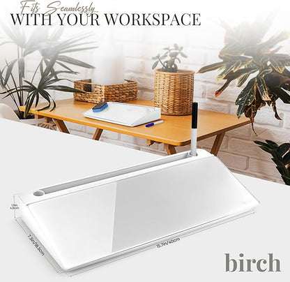 Birch Small Desktop Whiteboard – Glass Dry Erase Board Desk Pad Keyboard Stand with Storage Compartment 3 Markers & Marker Holder – Perfect for Office, Home, & School (Cloud)