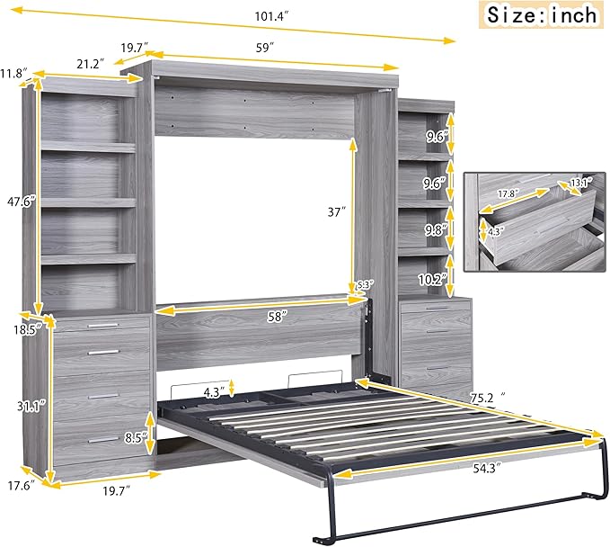 Full Size Murphy Bed with Storage Shelves and Drawers,Easy Fold Wood Wall Bed, Space-Saving Murphy Bed Cabinet for Guest Room Home Office,Gray