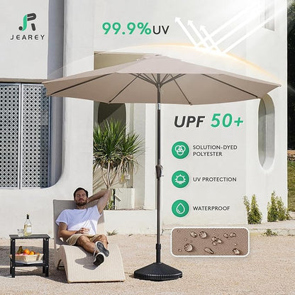 JEAREY 9FT Outdoor Patio Umbrella Outdoor Table Umbrella with Push Button Tilt and Crank, Market Umbrella 8 Sturdy Ribs UV Protection Waterproof for Pool, Garden (Tan)