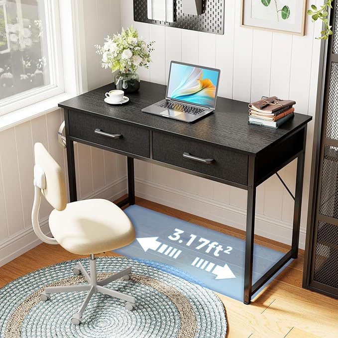 Casaottima 40 Inch Small Office Computer Desk with 2 Drawers & Headphone Hook - Compact Writing Desk for Home Office, Study or Work, Modern Space-Saving Design for Small Spaces, Black