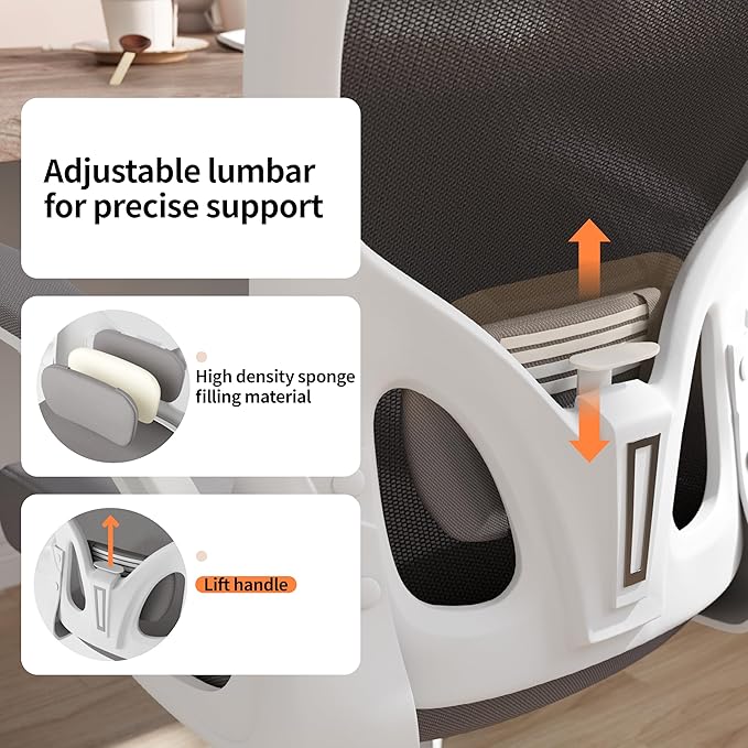 Monhey Office Chair Ergonomic Desk Chair with Lumbar Support&Headrest&Flip-up Arms Height Adjustable Rocking Swivel High Back Computer Chair Warm Taupe Mesh Study Chair (02White+Grey)