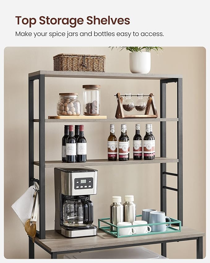 VASAGLE Coffee Bar, 31.5 Inches Baker's Rack for Kitchen with Storage, 6-Tier Kitchen Shelves with 6 Hooks, Microwave Stand, Industrial, Greige and Black UKKS019B02