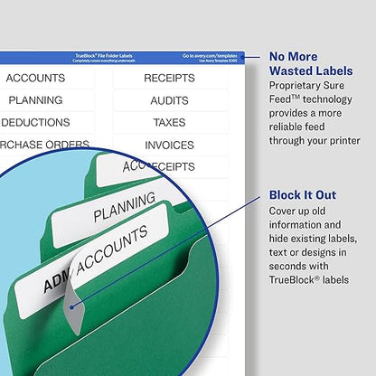 Avery TrueBlock File Folder Labels, 2/3" x 3-7/16", 1,800 Printable Labels, White, Permanent (75366)