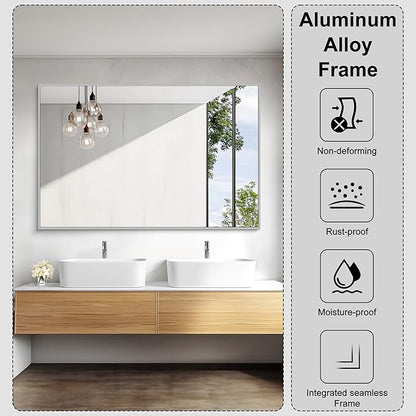 KOCUUY Silver Bathroom Mirror, 55"x36" Large Rectangle Bathroom Mirror for Wall, HD Tempered Glass, Anti-Rust Brushed Silver Frame, Modern Design for Bathroom, Bedroom, Hang Horizontal/Vertical