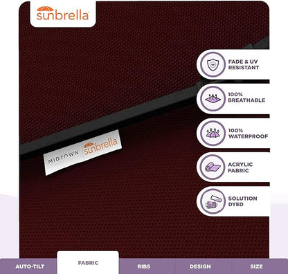 Midtown Umbrellas - The Lean 10 Ft Patio Umbrella with Fade-Resistant Sunbrella Fabric, Auto-Tilt Aluminum Frame and 8 Reinforced Ribs for Deck, Pool & Garden - Burgundy Canopy, Black Pole