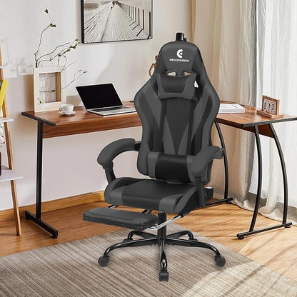 Gaming Chair with Linkage Armrest & Footrest, High Back Video Gaming Chair, Black/Grey