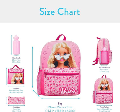 Barbie Backpack 4 Piece Set | Girls School Bag Set | Girls Backpack Lunch Bag Water Bottle and Pencil Case | One Size Pink
