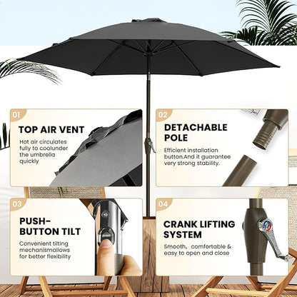 Ayge 7.5FT Large Outdoor Patio Umbrella Market Table Umbrella-UV Resistant, Easy Push Button Tilt and Crank, 6 Sturdy Fiberglass Ribs Heavy-Duty Pool Umbrella for Deck, Backyard,Garden, Yard,Black