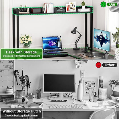 Unikito L Shaped Gaming Desk with LED Strip and Power Outlets, Reversible L-Shaped Computer Desk with Storage Shelves, Corner Desk with Hutch, 2 Person Home Office Desk, Black