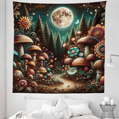 Ambesonne Aesthetic Tapestry Queen Size, Colorful Psychedelic and Traditional Detailed Mushrooms Night Forest, Wall Hanging Bedspread Bed Cover Wall Decor, 88" X 88", Dark Teal Purple Orange