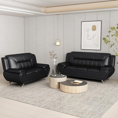 Container Furniture Direct Michael Modern Faux Leather Upholstered Stainless Steel Legs Living Room Sofa, Loveseat, Midnight