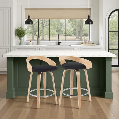 Sonia Modern Swivel Counter Height Bar Stool with Black Upholstered Seat and Patterned Oak Wood Finish Set of 4