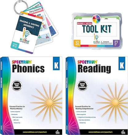 Carson Dellosa 29-Piece Grade K Literacy Teaching Supplies, Spectrum Phonics and Reading Kindergarten Workbooks, Writing Tool Kit, and Reference Flash Cards